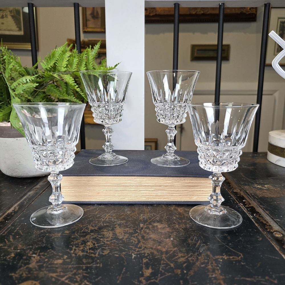 Set of 4 Vintage Cut Crystal Goblets | Diamond Band & Faceted Stem Stemware